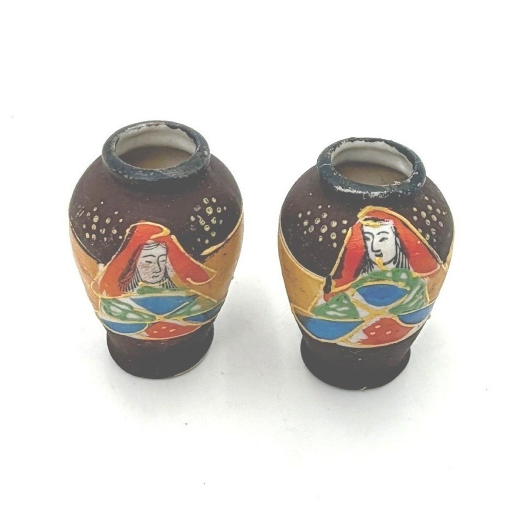 Vintage Miniature Satsuma Moriage Vases‎ Set of 2 Hand Painted Japanese Pottery